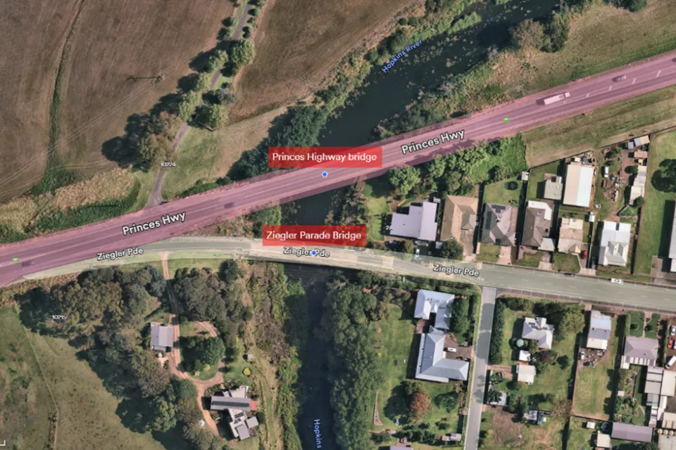 Aerial image of bridges at Allansford.